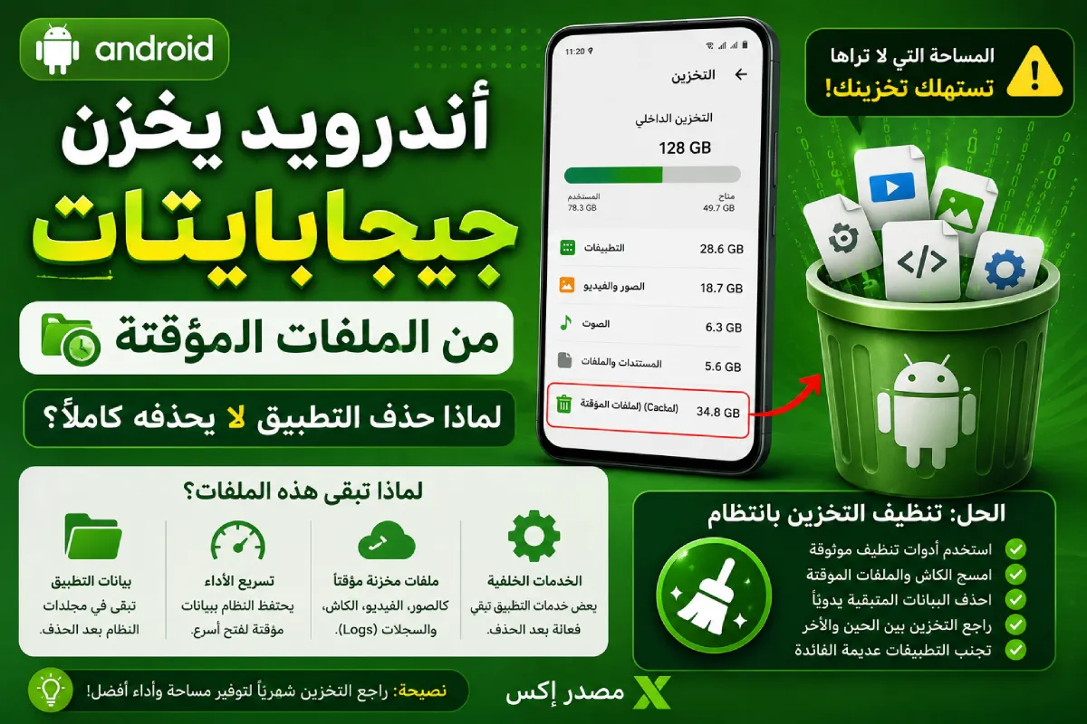 أندرويد يخزّن جيجابايتات من الملفات المؤقتة: لماذا حذف التطبيق لا يحذفه كاملاً