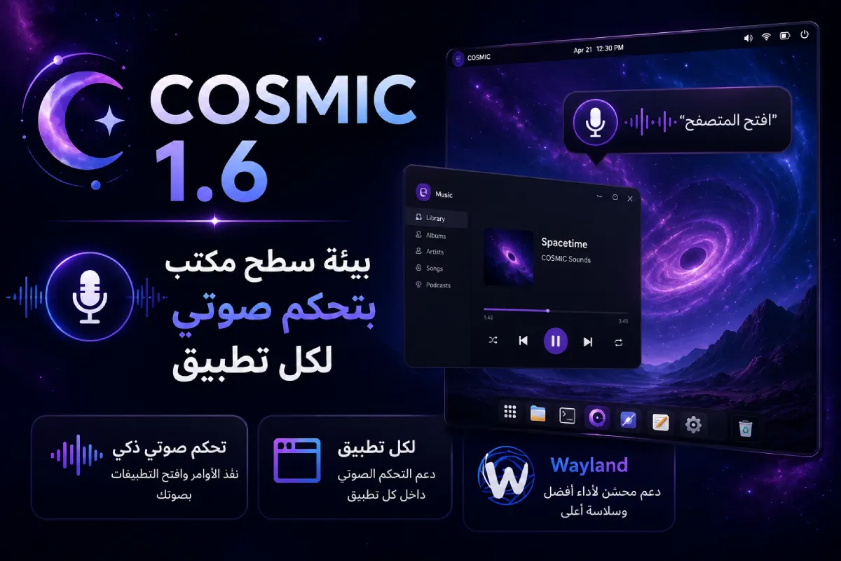 COSMIC 1.6: بيئة سطح مكتب بتحكم صوتي لكل تطبيق ودعم Wayland محسّن